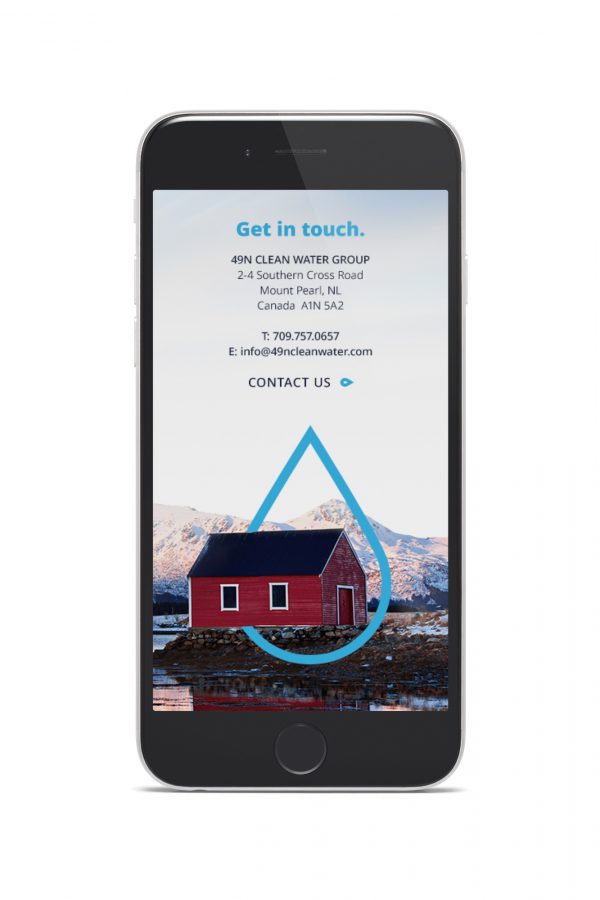 Mobile mockup displaying 49N Clean Water Group contact details with a northern landscape and clean water icon overlay