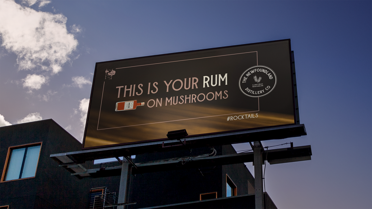 Outdoor billboard with black background and playful text 