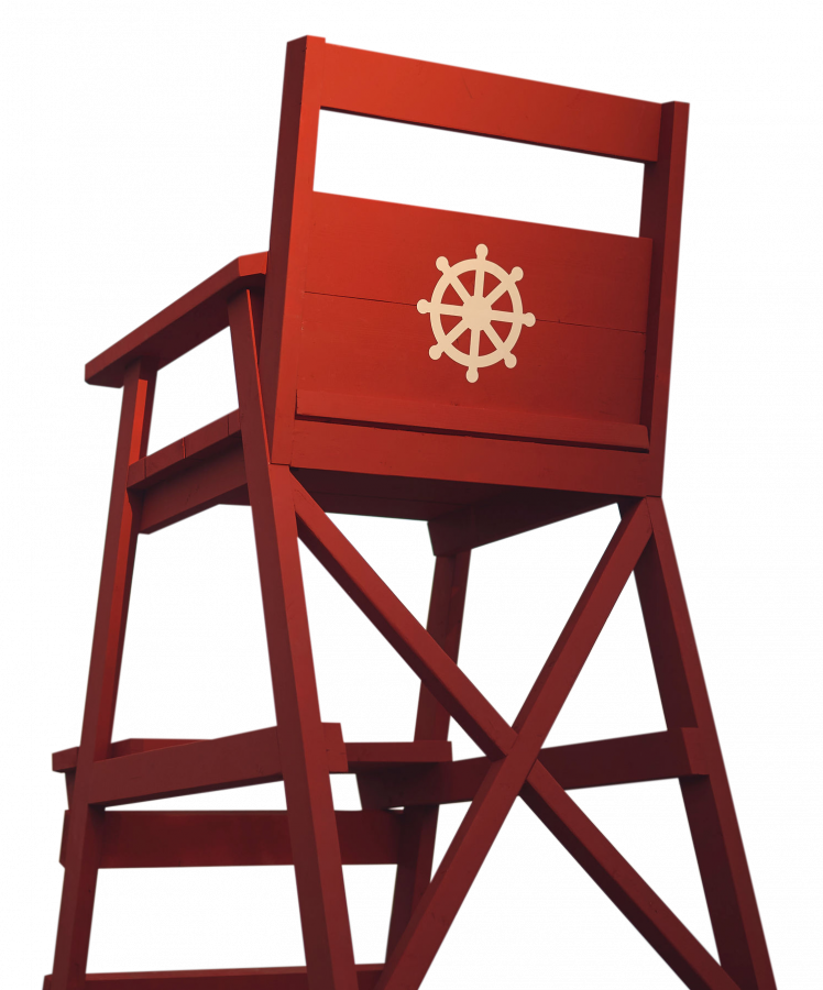 Red lifeguard-style chair with nautical wheel symbol set against a vivid sunset sky, representing Steers Insurance as a trusted insurance brokerage in Newfoundland and Labrador